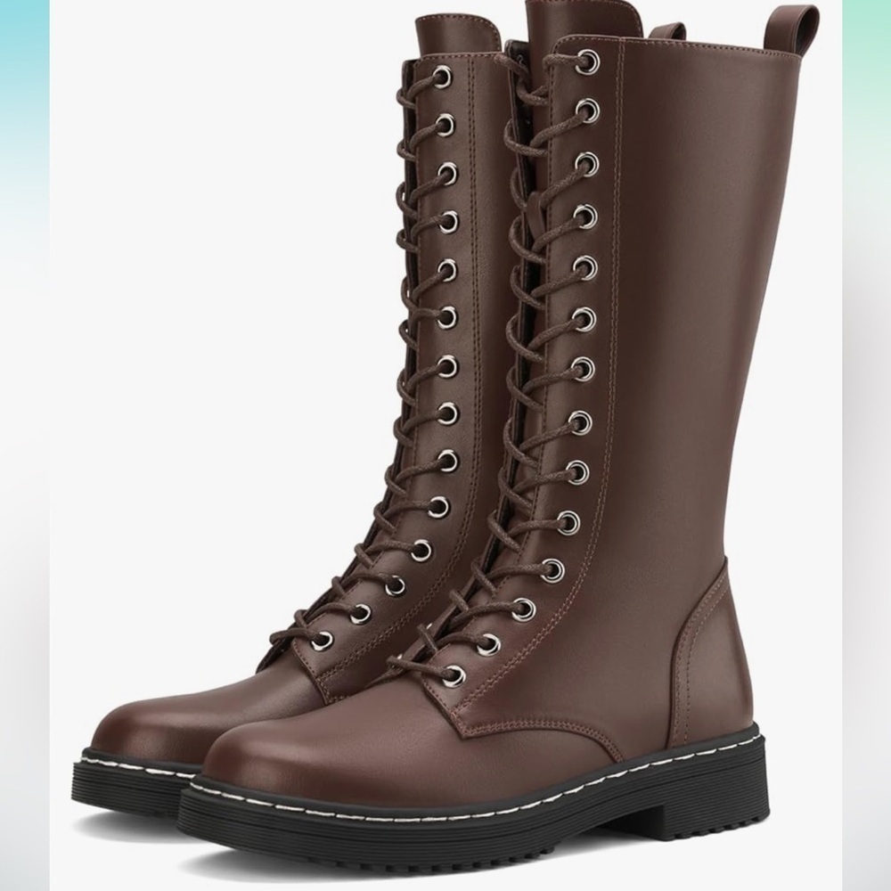 Rollda Combat Boots Mid-Calf  Lace Up Side Zipper Riding Boots Military Boots